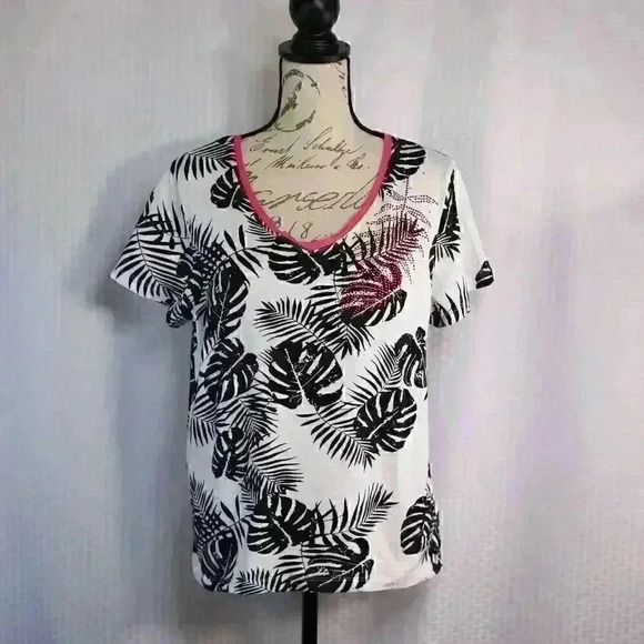 Onque Size L 100% cotton palm leaf v-neck crystal beads short sleeve shirt - Picture 1 of 12
